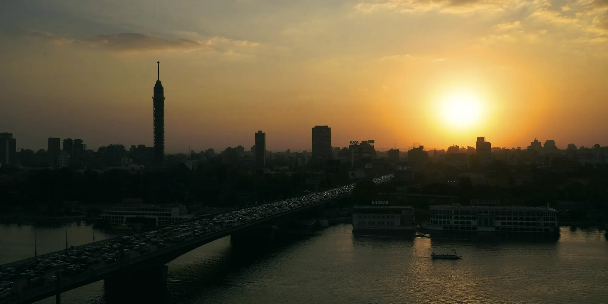 Cairo at sunset, with the Cairo Tower on the skyline